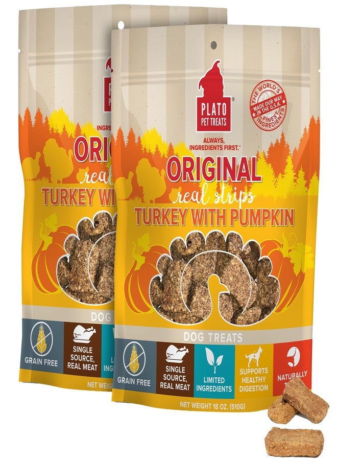 PLATO Pet Treats Real Strips - Air-Dried Meat Bars for Dogs - Delicious, Limited Ingredient Dog Treats - Grain Free - Original Real Strips Turkey & Pumpkin 18oz - 2 Pack - Image 1